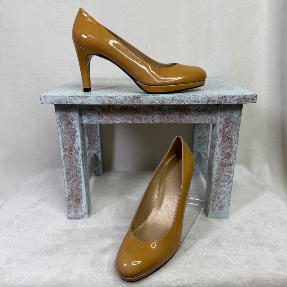 Stuart Weitzman Platform Pumps Women Size 6M Camel Tan Patent Leather Spain